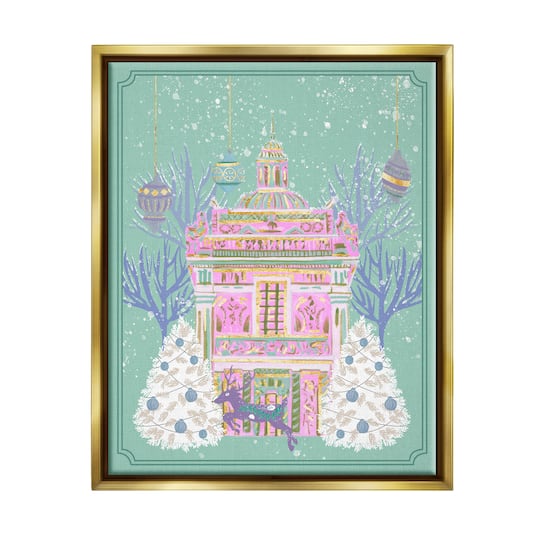 Stupell Industries Pink Ornate Christmas Building Gold Framed Floater Canvas Wall Art